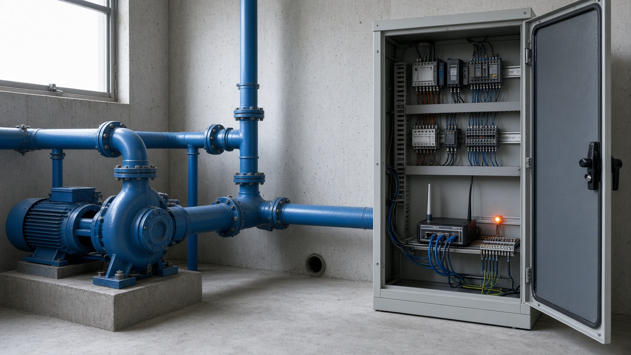Pumpenraum eines kleinen Wasserwerks mit blauen Rohrleitungen; daneben ein geöffneter Schaltschrank mit Steuerungsmodulen, Kabeln und einem kleinen Funkrouter mit Antenne und orangefarbener Statusleuchte