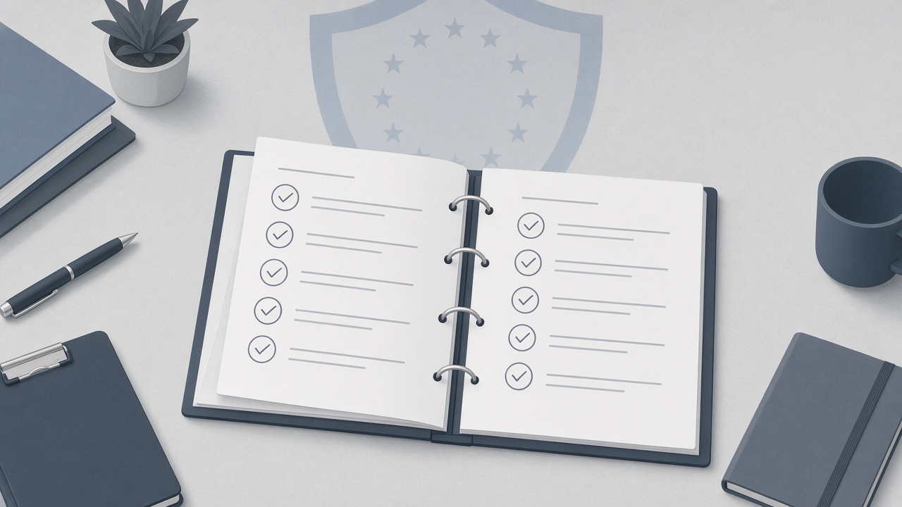 Aufgeschlagener Leitfaden mit Checkliste und EU-Schutzsymbolik – Umsetzungshilfe zum Cyber Resilience Act