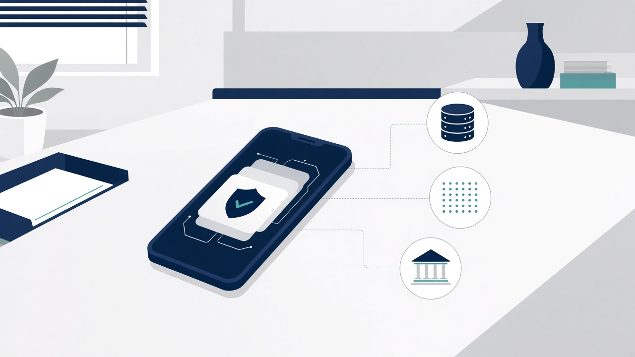 Abstrakte Illustration: Smartphone mit gestapelten Nachweiskarten und Schutzschild, verbunden mit Symbolen für Register und Verwaltungsgebäude