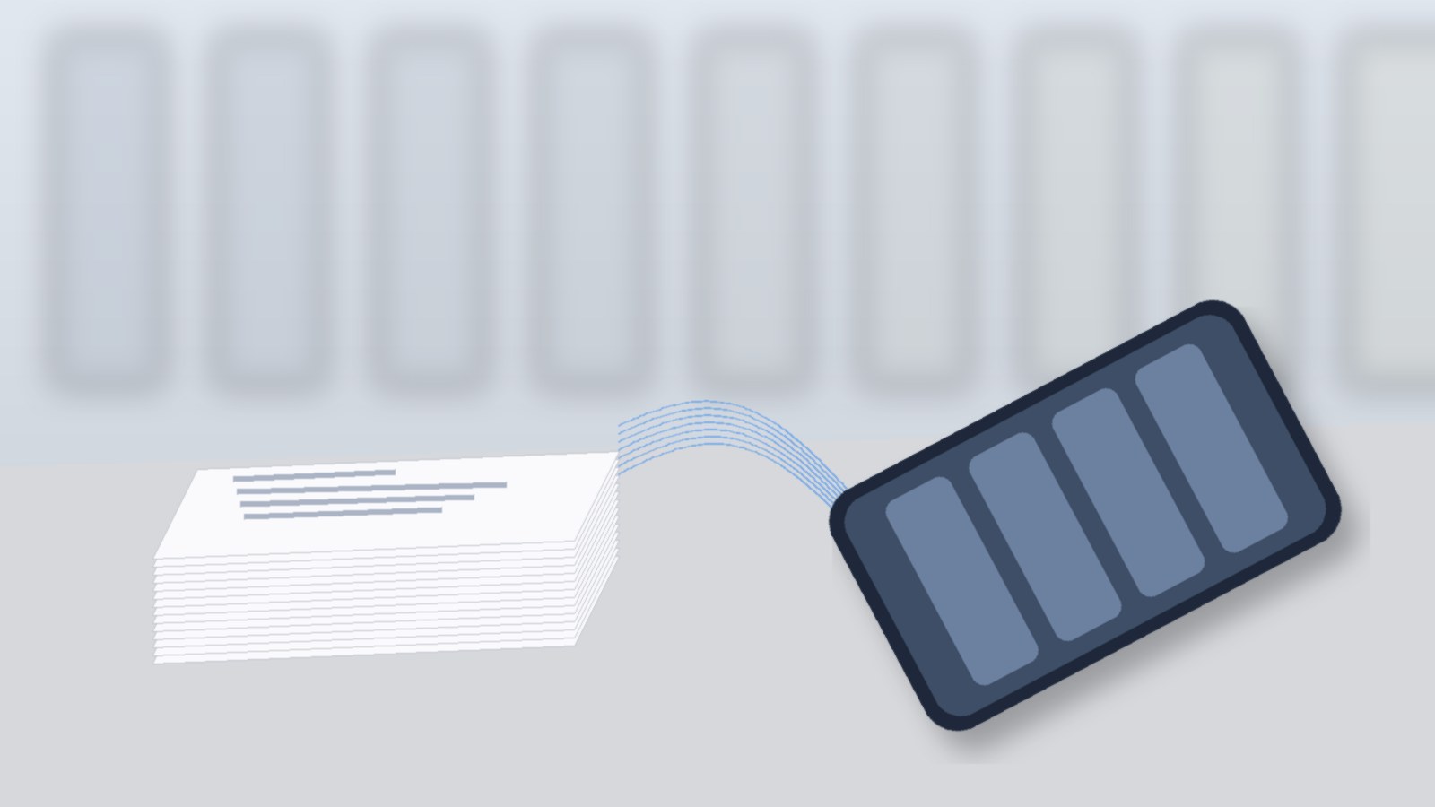 Abstrakte Illustration: Stapel Verwaltungsbescheide, aus dem Lichtlinien zu einem Smartphone mit leeren Kartenfeldern führen, ohne Logos oder lesbaren Text