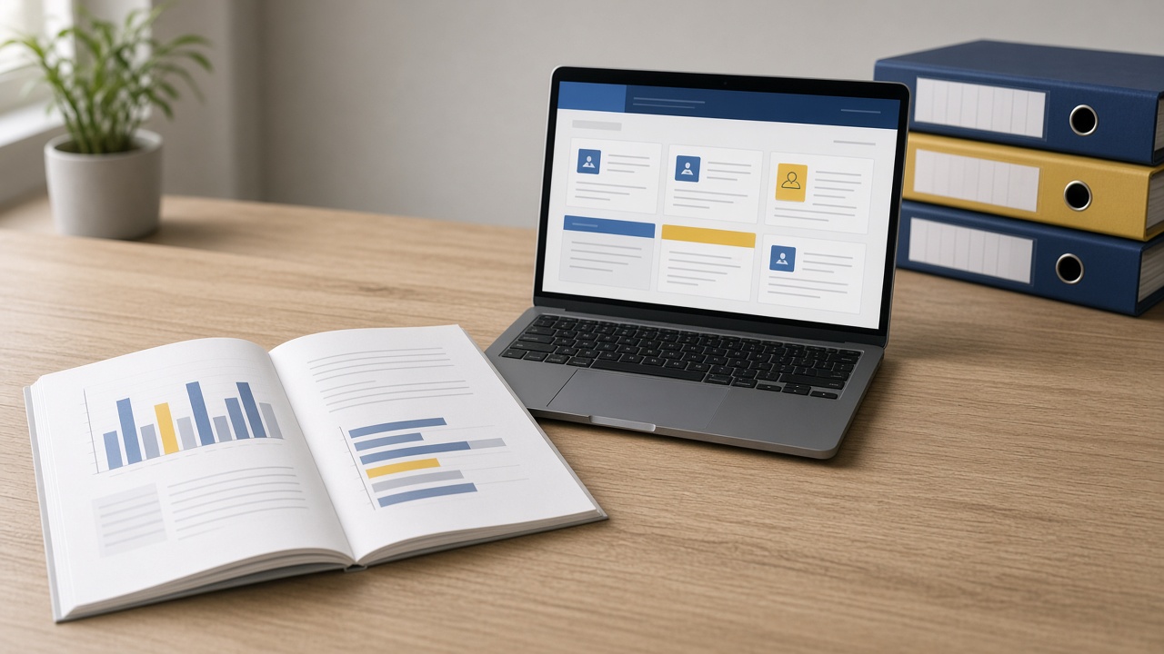 Aufgeschlagener Prüfbericht mit abstrakten Balkendiagrammen neben einem Laptop mit Kacheln einer Behörden-Onlineplattform und einem Stapel Aktenordner