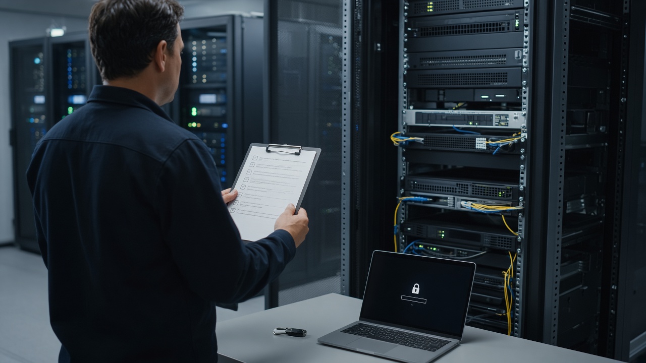 Person mit Klemmbrett und Checkliste vor einem Serverschrank, daneben ein Laptop mit Sperrbildschirm und ein Hardware-Sicherheitsschlüssel