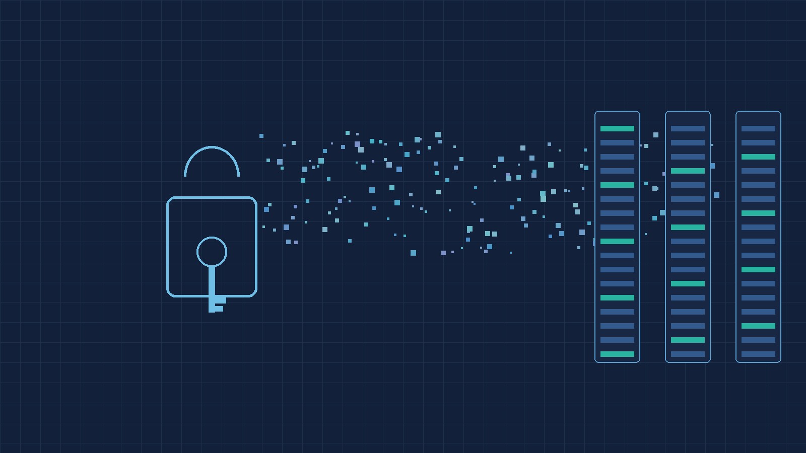 Abstrakte Darstellung: geometrisches Schloss und Schlüssel, die in ein Raster aus Datenblöcken übergehen, daneben Serverracks – Sinnbild für den Übergang zu Post-Quanten-Kryptografie